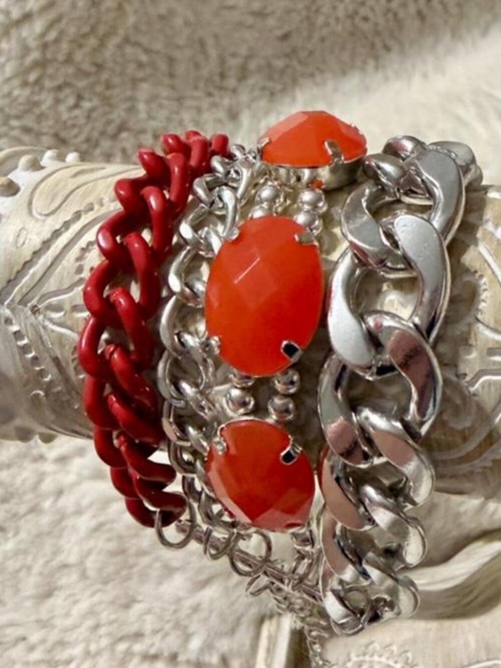 Red Silver Chunky Bracelet Orange Beads OS